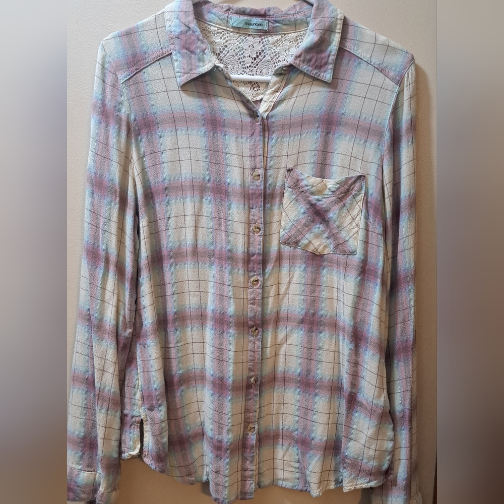 Maurices Pastel Plaid Shirt with Lace Accent